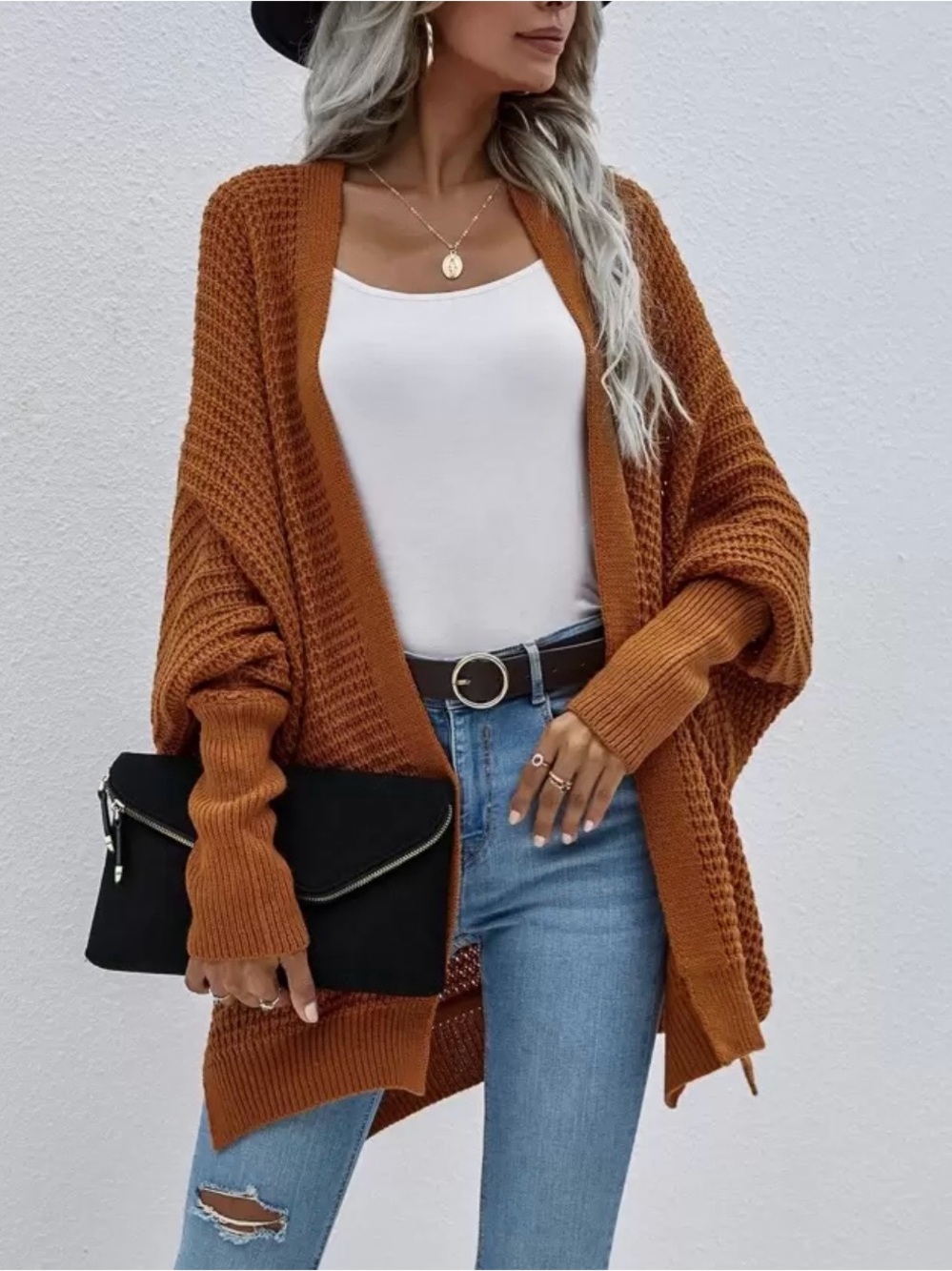 New SHEIN LUNE Batwing Sleeve Split Hem Orange Cardigan Sweater Size Medium